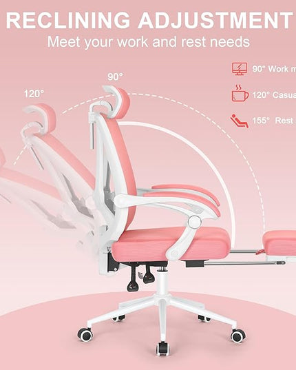 Misolant Ergonomic Office Chair with Footrest, Ergonomic Desk Chair with Adjustable 2D Lumbar Support, High Back Office Chair with Adjustable Headrest, Comfortable Executive Office Chair -Pink - LeafyLoom