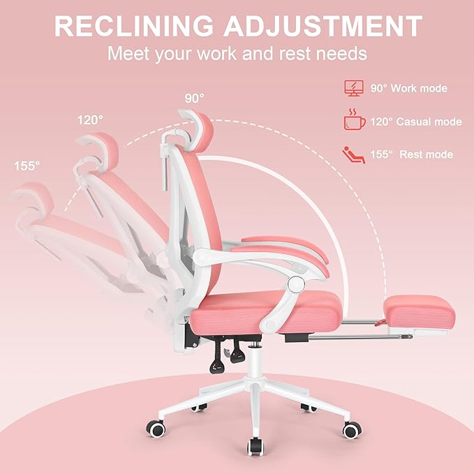 Misolant Ergonomic Office Chair with Footrest, Ergonomic Desk Chair with Adjustable 2D Lumbar Support, High Back Office Chair with Adjustable Headrest, Comfortable Executive Office Chair -Pink - LeafyLoom