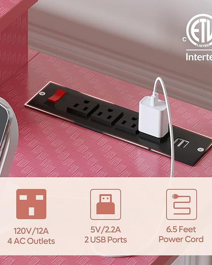 Bestier Gaming Desk with Power Outlets and USB Charging Ports, 52 Inch LED Small Computer Desk with Monitor Stand, Home Office Desk with Cup Holder & Headset Hooks, Desk for Office, Carbon Fiber Pink - LeafyLoom