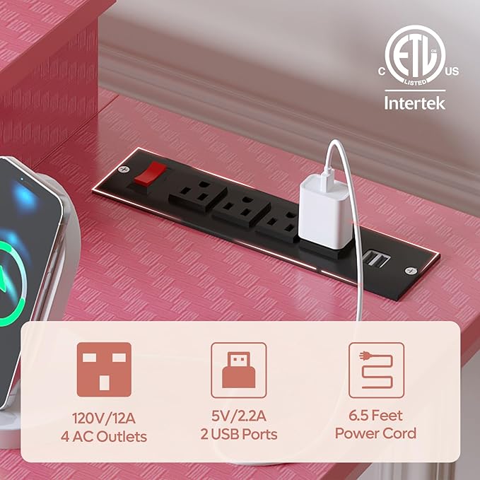 Bestier Gaming Desk with Power Outlets and USB Charging Ports, 52 Inch LED Small Computer Desk with Monitor Stand, Home Office Desk with Cup Holder & Headset Hooks, Desk for Office, Carbon Fiber Pink - LeafyLoom