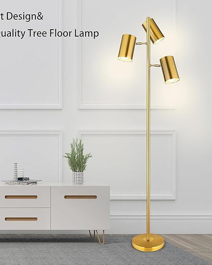 Tree Floor Lamp with 3 Light Bulbs,Gold Standing Tall Pole Lamp with 3 Adjustable Rotating Lights,Farmhouse Floor Lamp for Living Room Bedroom Office,Vintage Standing Lamp 9W E26 LED Bulbs Included - LeafyLoom