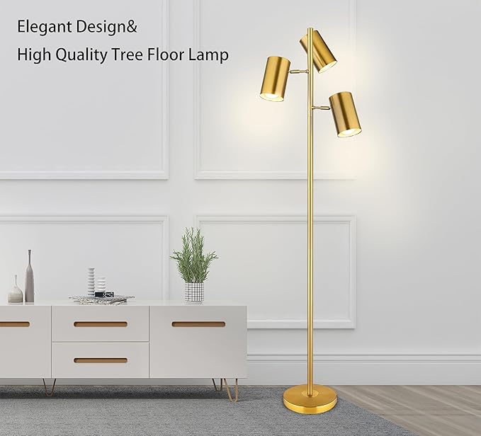 Tree Floor Lamp with 3 Light Bulbs,Gold Standing Tall Pole Lamp with 3 Adjustable Rotating Lights,Farmhouse Floor Lamp for Living Room Bedroom Office,Vintage Standing Lamp 9W E26 LED Bulbs Included - LeafyLoom