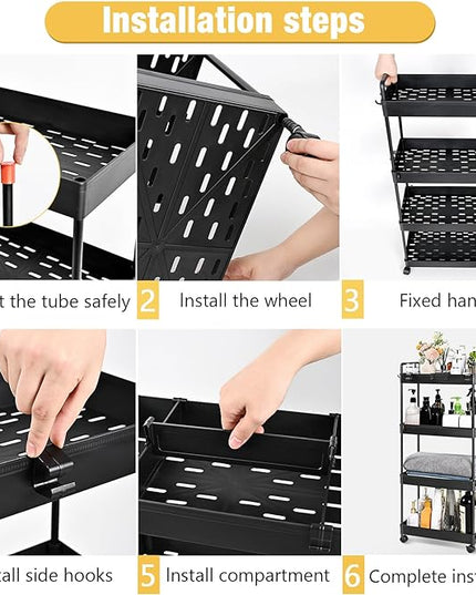 AROGAN Rolling Storage Cart with Wheels, 4 Tier Bathroom Storage Cart Laundry Room Organizer, Rolling Utility Cart for Kitchen, Bathroom, Laundry Room, Office, Narrow Place (Black) - LeafyLoom