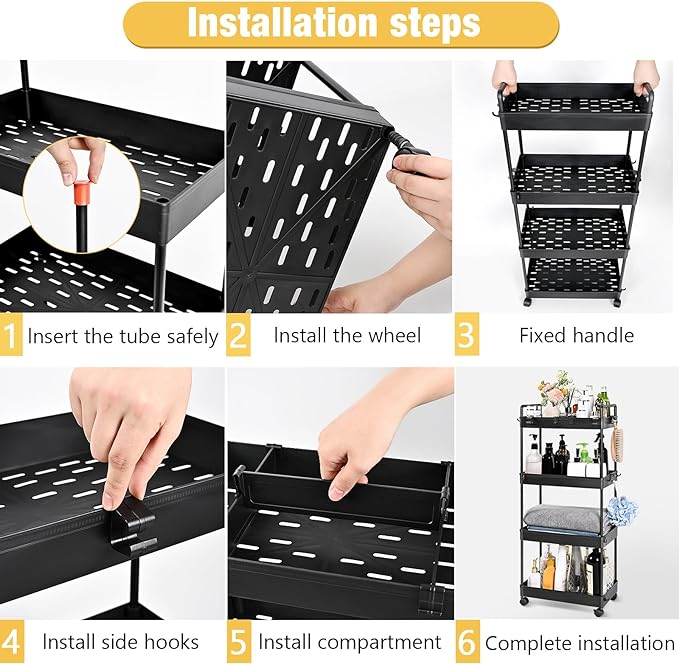AROGAN Rolling Storage Cart with Wheels, 4 Tier Bathroom Storage Cart Laundry Room Organizer, Rolling Utility Cart for Kitchen, Bathroom, Laundry Room, Office, Narrow Place (Black) - LeafyLoom