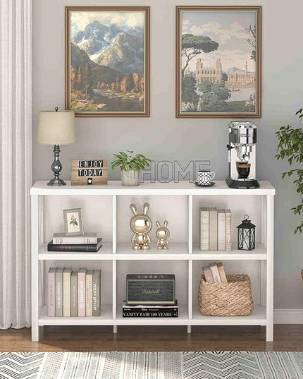 FATORRI 6 Cube Storage Organizer with Shelf, Long Wood and Metal Cubby Bookcase, Industrial Horizontal Bookshelf (White Oak, 47 Inch) - LeafyLoom
