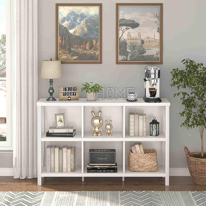 FATORRI 6 Cube Storage Organizer with Shelf, Long Wood and Metal Cubby Bookcase, Industrial Horizontal Bookshelf (White Oak, 47 Inch) - LeafyLoom