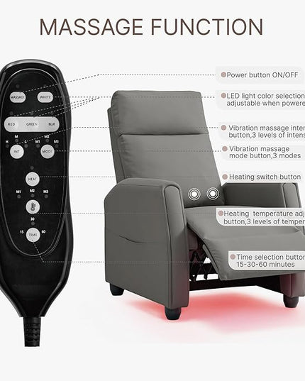 Recliner Chair for Adults PU Leather Push Back Armchair with 4 Colors Ambient Lighting Home Theater Seating with Massage & Heat Vibration Single Sofa for Living Room, Gray - LeafyLoom