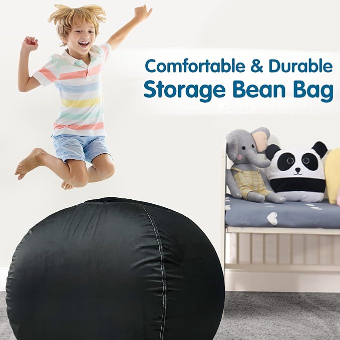 Lukeight Stuffed Animal Storage Bean Bag Chair Cover for Kids, Zipper Beanbag Chair Cover for Organizing Toddler & Kids' Rooms Plush Toys (Black, X-Large) - LeafyLoom