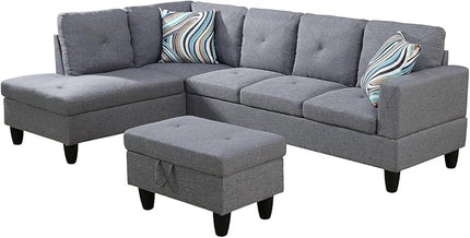 ROOMTEC Button L Shape Sectional Sofa Set, 5 Seat Upholstered Corner Couch with Storage Ottoman, Luxurious Linen Tufted Cushions, for Living Room, Apartment, 97inch, Agate Grey w/Left Chaise Lounge - LeafyLoom