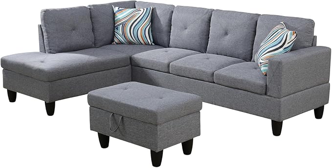 ROOMTEC Button L Shape Sectional Sofa Set, 5 Seat Upholstered Corner Couch with Storage Ottoman, Luxurious Linen Tufted Cushions, for Living Room, Apartment, 97inch, Agate Grey w/Left Chaise Lounge - LeafyLoom