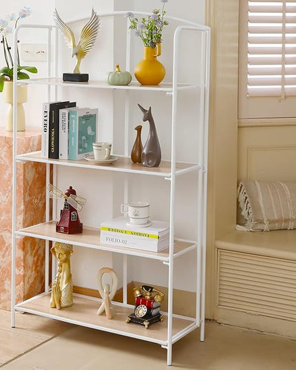 No Assembly Folding Bookshelf, 4 Tier White Bookshelf, Metal Book Shelf for Storage, Folding Bookcase for Office Organization and Storage, 12.87" D x 30.9" W x 55.71" H - LeafyLoom