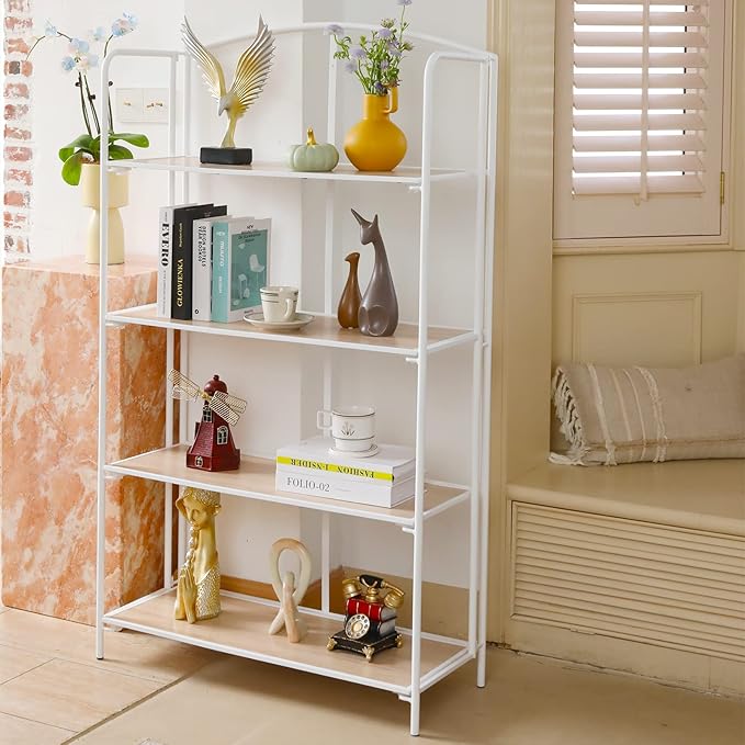 No Assembly Folding Bookshelf, 4 Tier White Bookshelf, Metal Book Shelf for Storage, Folding Bookcase for Office Organization and Storage, 12.87" D x 30.9" W x 55.71" H - LeafyLoom