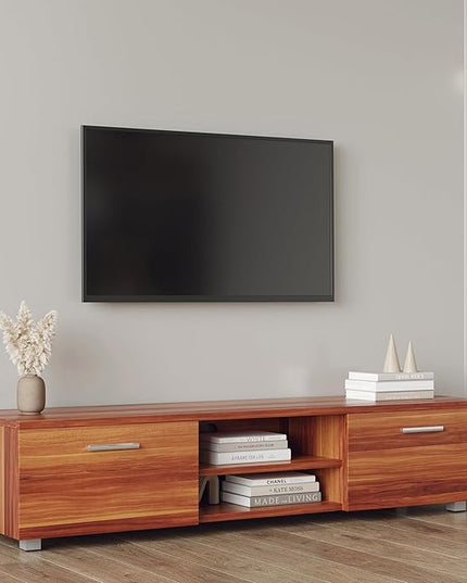 63" TV Stand with Open Shelves, Television Stands for TVs Up to 70", Media Console Entertainment Center Television Table with 2 Storage Cabinet for Living Room, Bedroom, Walnut - LeafyLoom