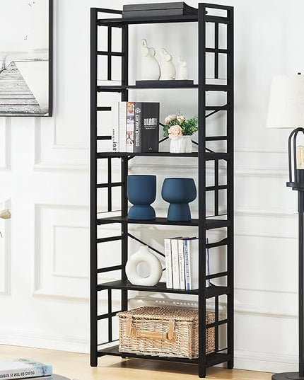 HOMBAZAAR Bookshelf,6 Tier Tall Bookshelf with Metal Frame,Open Bookshelves and Bookcases,Industrial Book Shelf for Living Room,Home Office and Bedroom,Black - LeafyLoom