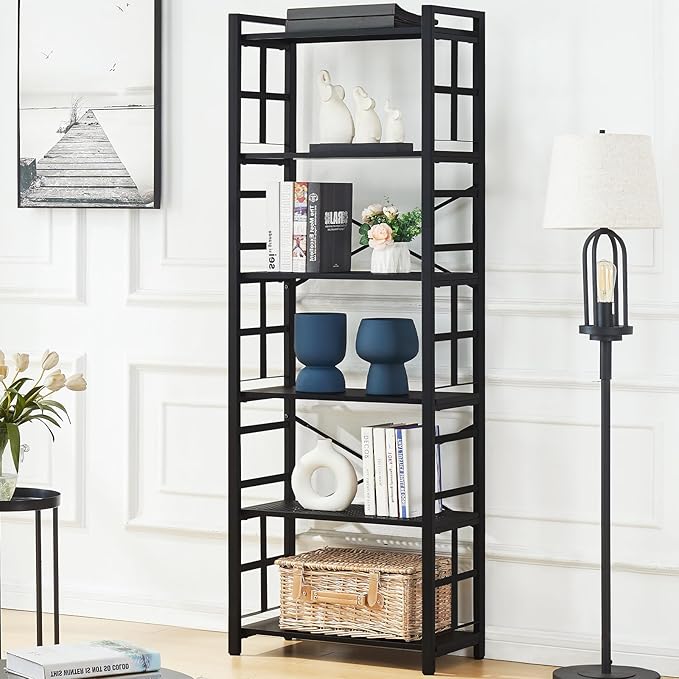 HOMBAZAAR Bookshelf,6 Tier Tall Bookshelf with Metal Frame,Open Bookshelves and Bookcases,Industrial Book Shelf for Living Room,Home Office and Bedroom,Black - LeafyLoom