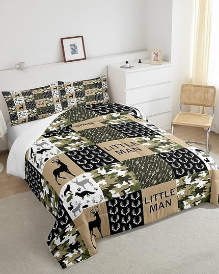 Kids Deer Antlers Animal Silhouettes Comforter Set King Size,Camo Geometric Lattices Bedding Set 3pcs for Adults Cabin Decor,Nordic Boho Arrows Quilt Set,Rustic Retro Green Duvet Insert,2 Pillowcases - LeafyLoom