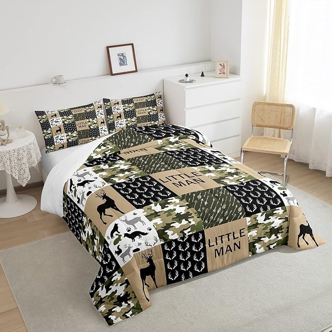 Kids Deer Antlers Animal Silhouettes Comforter Set King Size,Camo Geometric Lattices Bedding Set 3pcs for Adults Cabin Decor,Nordic Boho Arrows Quilt Set,Rustic Retro Green Duvet Insert,2 Pillowcases - LeafyLoom
