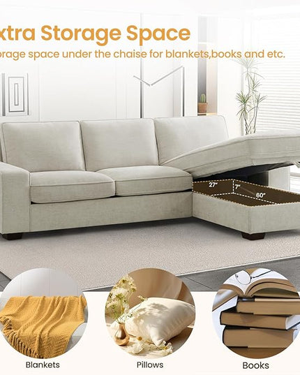COHOME 100" L-Shaped Sofa with Storage, Chenille Upholstered Deep Seat Couch for Living Room, Sofa with Reversible Chaise, Removable Covers, 3-Seater Apartment Sofa with Charge Ports,Beige - LeafyLoom