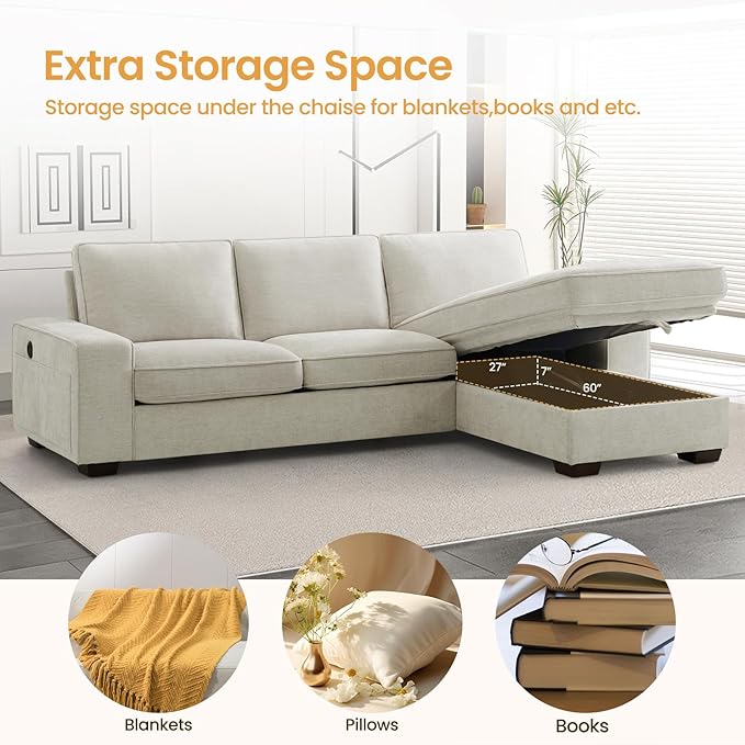 COHOME 100" L-Shaped Sofa with Storage, Chenille Upholstered Deep Seat Couch for Living Room, Sofa with Reversible Chaise, Removable Covers, 3-Seater Apartment Sofa with Charge Ports,Beige - LeafyLoom