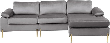 L Shaped Couch with Chaise, Velvet Upholstered Sectional, Metal Leg & Rolled Armrests, Futon Sofa for Living Room, Apartment and Office, Gray, 101.2, Gray1 - LeafyLoom
