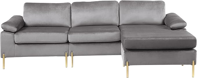 L Shaped Couch with Chaise, Velvet Upholstered Sectional, Metal Leg & Rolled Armrests, Futon Sofa for Living Room, Apartment and Office, Gray, 101.2, Gray1 - LeafyLoom
