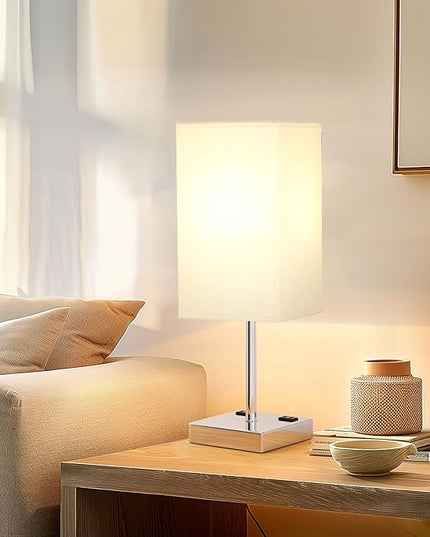 Touch Bedside Table Lamp For Nightstand - 3-Way Dimmable Night Lamp with USB A + Type C Charging Ports and two AC Outlets, Small Desk Light with E26 LED Bulb for Bedroom Living Room, WHITE PLUS - LeafyLoom