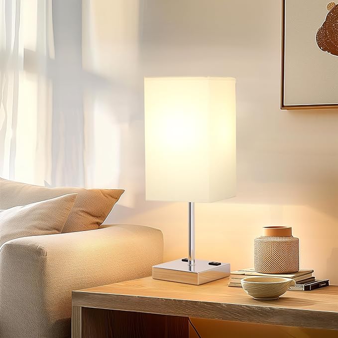 Touch Bedside Table Lamp For Nightstand - 3-Way Dimmable Night Lamp with USB A + Type C Charging Ports and two AC Outlets, Small Desk Light with E26 LED Bulb for Bedroom Living Room, WHITE PLUS - LeafyLoom
