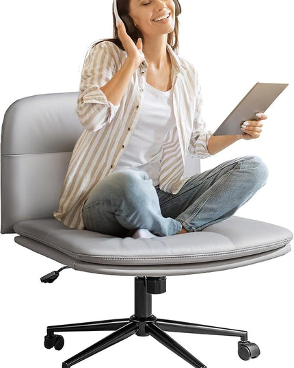 FLEXISPOT Armless Cross Legged Office Chairs Comfy Wide Seat Criss Cross Chair Height Adjustable Reading Chairs with Wheels for Living Room Bedroom Study (Gray) - LeafyLoom