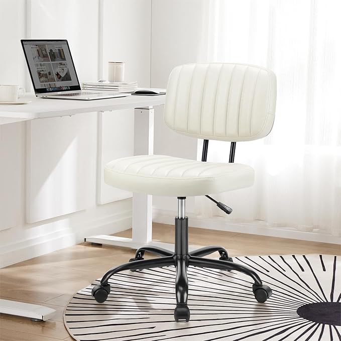 DUMOS Armless Home Office Chair Ergonomic Desk with Comfy Low Back Lumbar Support, Height Adjustable PU Leather Computer Task with 360° Swivel Wheels, for Small Space, Kids and Adults, Beige White - LeafyLoom