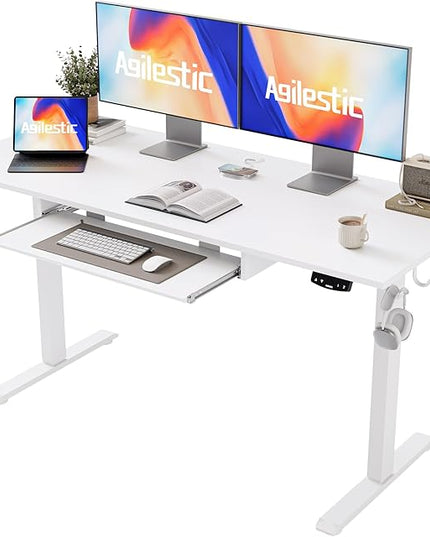 Height Adjustable Desk with Keyboard Tray, 55 x 24 Inches Electric Standing Desk, Stand up Computer Table with Memory Preset, Modern Lift Motorized Gaming Workstation, White - LeafyLoom