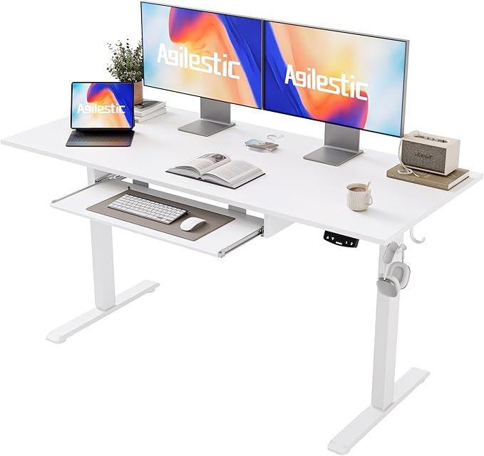 Height Adjustable Desk with Keyboard Tray, 55 x 24 Inches Electric Standing Desk, Stand up Computer Table with Memory Preset, Modern Lift Motorized Gaming Workstation, White - LeafyLoom
