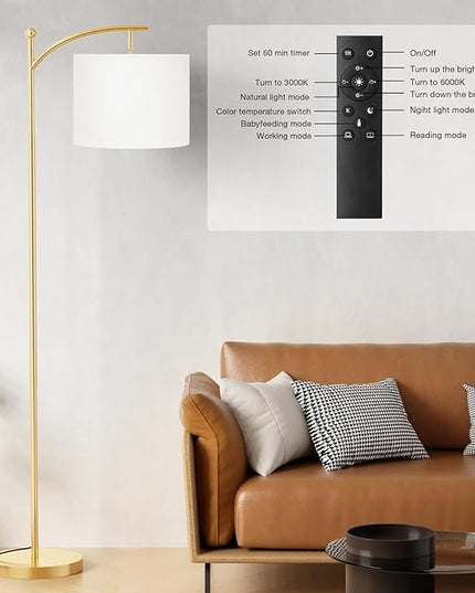 Ambimall Floor Lamp with Remote Control and Stepless Dimmable Bulb, Colors Temperature & Brightness Adjustable, Modern Floor Lamps for Living Room（White Shade & Gold Pole） - LeafyLoom