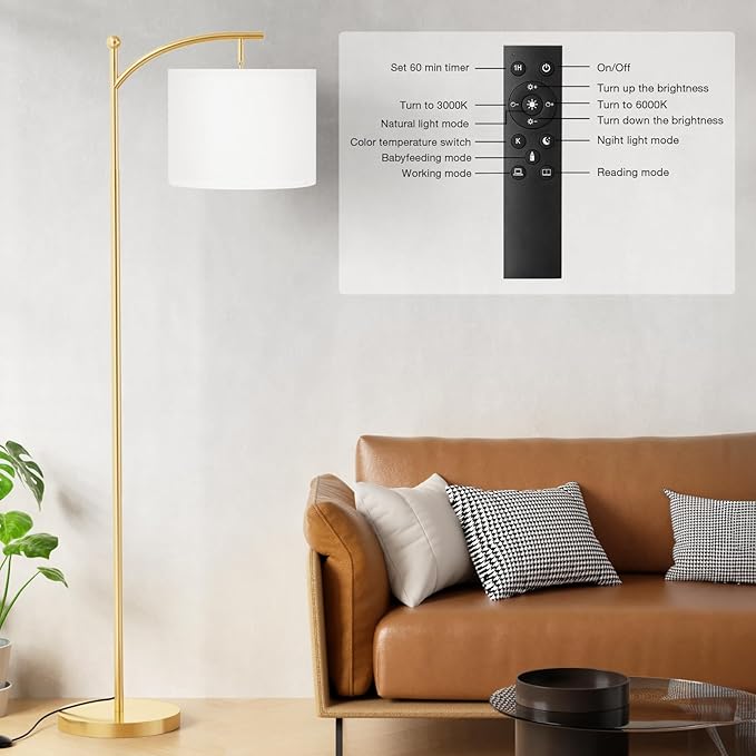 Ambimall Floor Lamp with Remote Control and Stepless Dimmable Bulb, Colors Temperature & Brightness Adjustable, Modern Floor Lamps for Living Room（White Shade & Gold Pole） - LeafyLoom