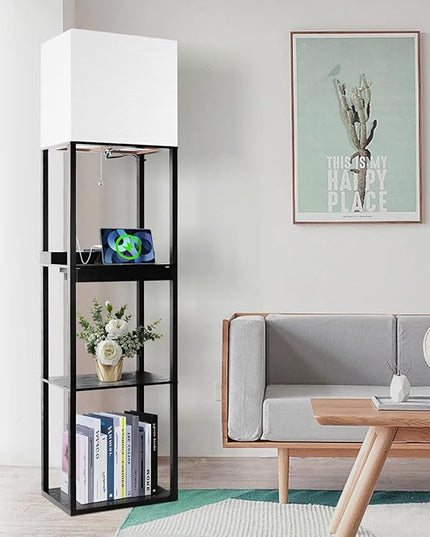 Dott Arts Floor Lamp with Shelves, wide Shelf Lamp with Wireless Charger & USB A+C Ports & 2 AC Outlets,3 Color Temperature Corner Tall Standing Floor Lamps for Living Room, Bedroom, Office (Black) - LeafyLoom