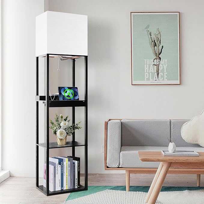 Dott Arts Floor Lamp with Shelves, wide Shelf Lamp with Wireless Charger & USB A+C Ports & 2 AC Outlets,3 Color Temperature Corner Tall Standing Floor Lamps for Living Room, Bedroom, Office (Black) - LeafyLoom