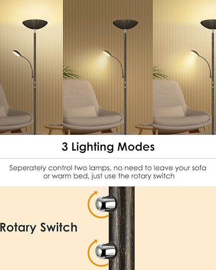 Floor Lamp, LED 20W/2000LM Bright Torchiere Floor Lamp with 5W Adjustable Reading Lamp, Stepless Dimmable Standing Lamp, 2 Rotary Switch, Modern Floor Lamps for Living Room, Bedroom, Office,Bronze - LeafyLoom