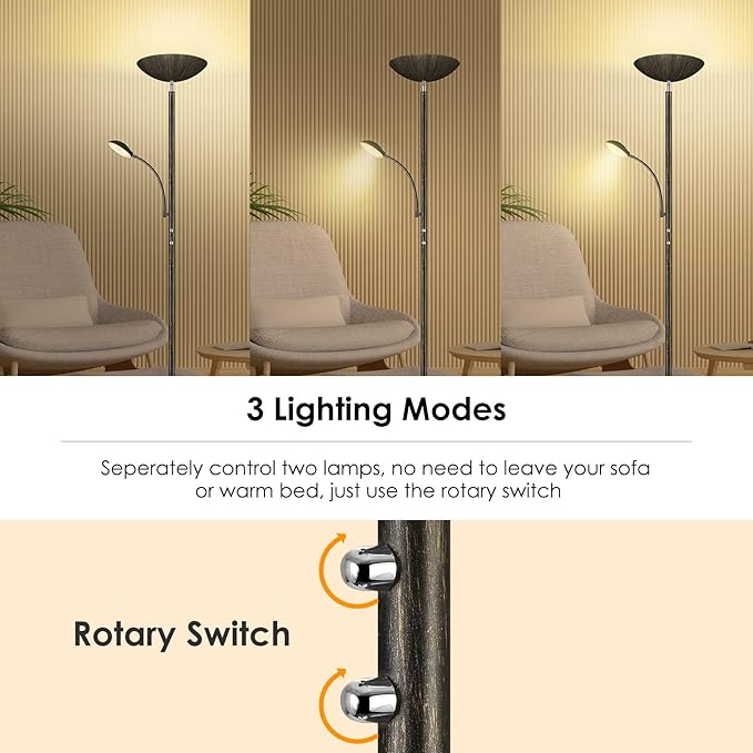 Floor Lamp, LED 20W/2000LM Bright Torchiere Floor Lamp with 5W Adjustable Reading Lamp, Stepless Dimmable Standing Lamp, 2 Rotary Switch, Modern Floor Lamps for Living Room, Bedroom, Office,Bronze - LeafyLoom