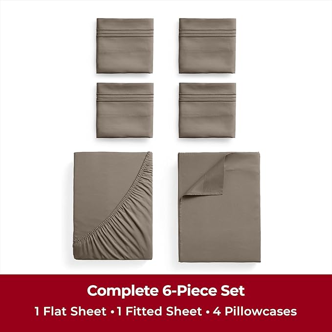 Mellanni King Sheets Set - 6 PC Iconic Collection Bedding Sheets & Pillowcases - Hotel Luxury, Ultra Soft, Cooling Bed Sheets - Deep Pocket up to 16 inch - 6 PC (King, Dark Taupe w/Extra Pillow Cases) - LeafyLoom