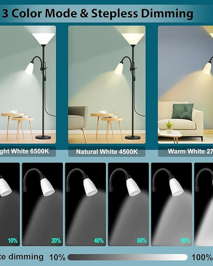 Floor Lamp, 3 Color Temperature&Dimmable Standing lamp, 12W LED Torchiere Floor Lamp with Adjustable Reading Lamp, 3 Way Switch, Modern Tall Lamps for Living Room, Bedroom, Office (65 inches) - LeafyLoom