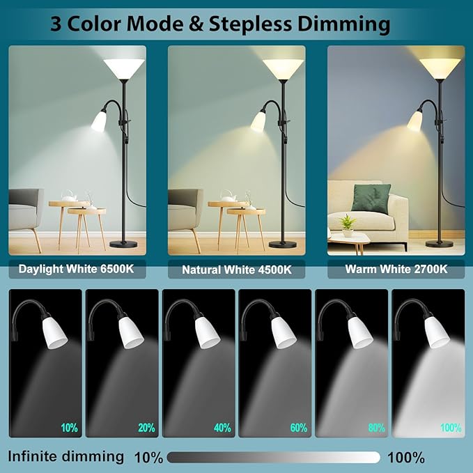 Floor Lamp, 3 Color Temperature&Dimmable Standing lamp, 12W LED Torchiere Floor Lamp with Adjustable Reading Lamp, 3 Way Switch, Modern Tall Lamps for Living Room, Bedroom, Office (65 inches) - LeafyLoom