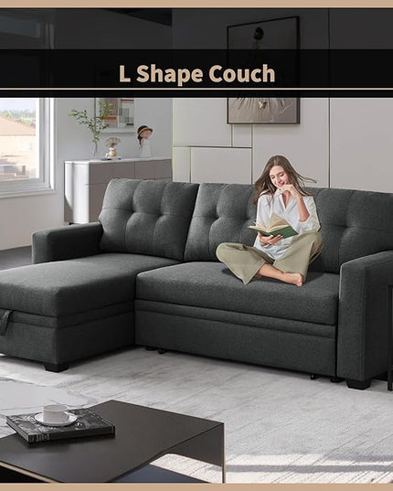 82" L-Shape Convertible Sleeper Sectional Sofa with Storage Chaise,Linen Upholstered Reversible Corner 3 Person Couch for Living Room, Apartment and Office，Dark Gray, 82 Inch - LeafyLoom