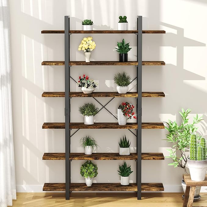 6 Tier Bookshelf, 83 inch Tall Bookcase Industrial Wooden Bookshelves Large Wall Etagere Rustic Vintage Book Shelf with Metal Frame Open Storage Rack for Living Room Home Office - LeafyLoom