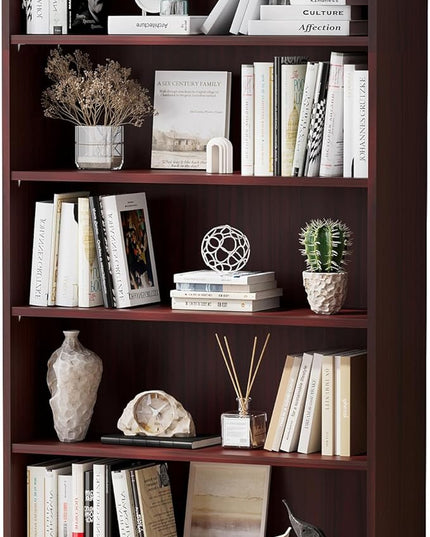 Soohow Mahogany Bookcase,Bookshelf for Bedroom,60 inches Tall Wood Book case Book Shelves,5 Shelf Book Shelves for Living Room Office - LeafyLoom