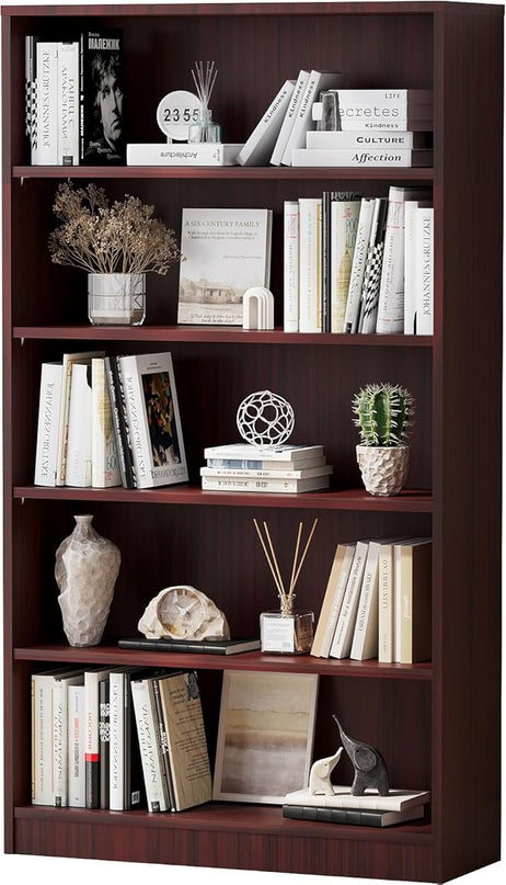 Soohow Mahogany Bookcase,Bookshelf for Bedroom,60 inches Tall Wood Book case Book Shelves,5 Shelf Book Shelves for Living Room Office - LeafyLoom
