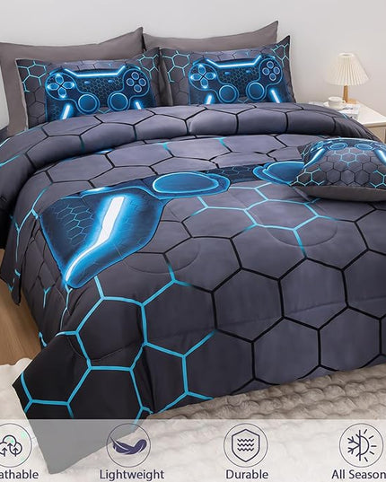8Pcs Game Console Comforter Set with Sheets for Boys Girls Kids Teens, Geometric Gaming Themed Bed in A Bag Twin Size, Blue 3D Video Gamer Controller Bedroom Decor Bedding Set-Blue - LeafyLoom