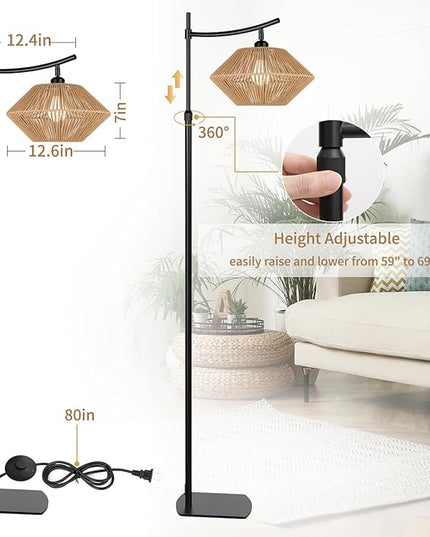 Arc Boho Farmhouse Black Floor Lamp, Standing Lamp with Rattan & Fabric Double Shade with Remote Control, Dimmable LED Bulb with 5 Color Temperature, Tall Pole for Living Room Bedroom Corner Office - LeafyLoom