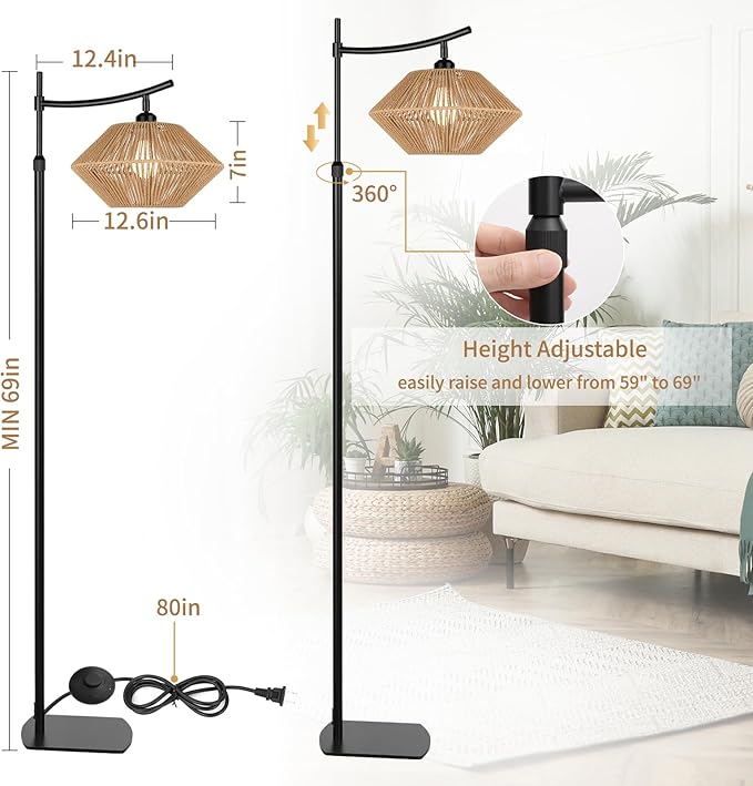Arc Boho Farmhouse Black Floor Lamp, Standing Lamp with Rattan & Fabric Double Shade with Remote Control, Dimmable LED Bulb with 5 Color Temperature, Tall Pole for Living Room Bedroom Corner Office - LeafyLoom
