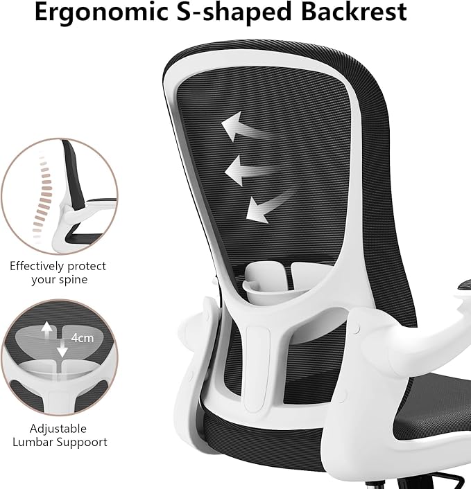 Ergonomic Office Chair, Comfort Swivel Home Office Task Chair, Breathable Mesh Desk Chair, Lumbar Support Computer Chair with Flip-up Arms and Adjustable Height - LeafyLoom