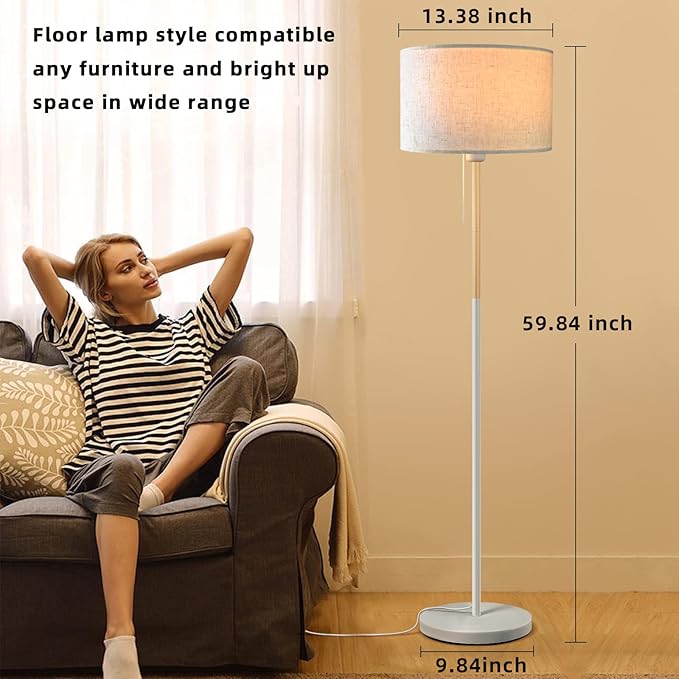 Modern Floor Lamp for Living Room Traditional Farmhouse Floor Lamps Mid-Century Pole Lamp with Linen Lamp Shade, Standing Tall Floor Lamps for Bedrooms and Office (White) - LeafyLoom