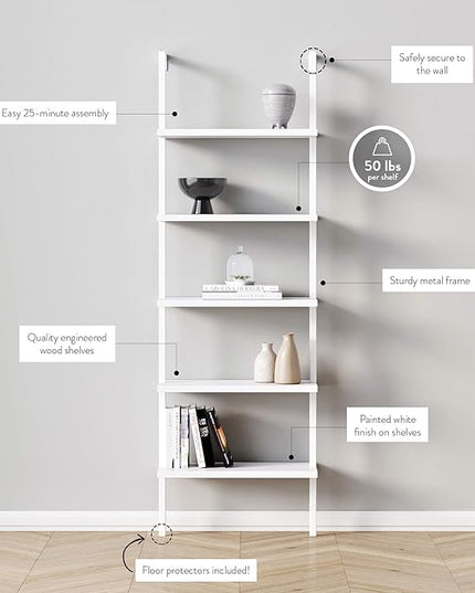 Nathan James 65506 Theo 5-Shelf White Modern Bookcase, Open Wall Mount Ladder Bookshelf with Industrial White Metal Frame, White - LeafyLoom